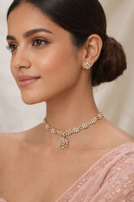 Jewels Nest Traditional Gold-Plated Floral Cz Necklace Set With Matching Stud Earrings For Women