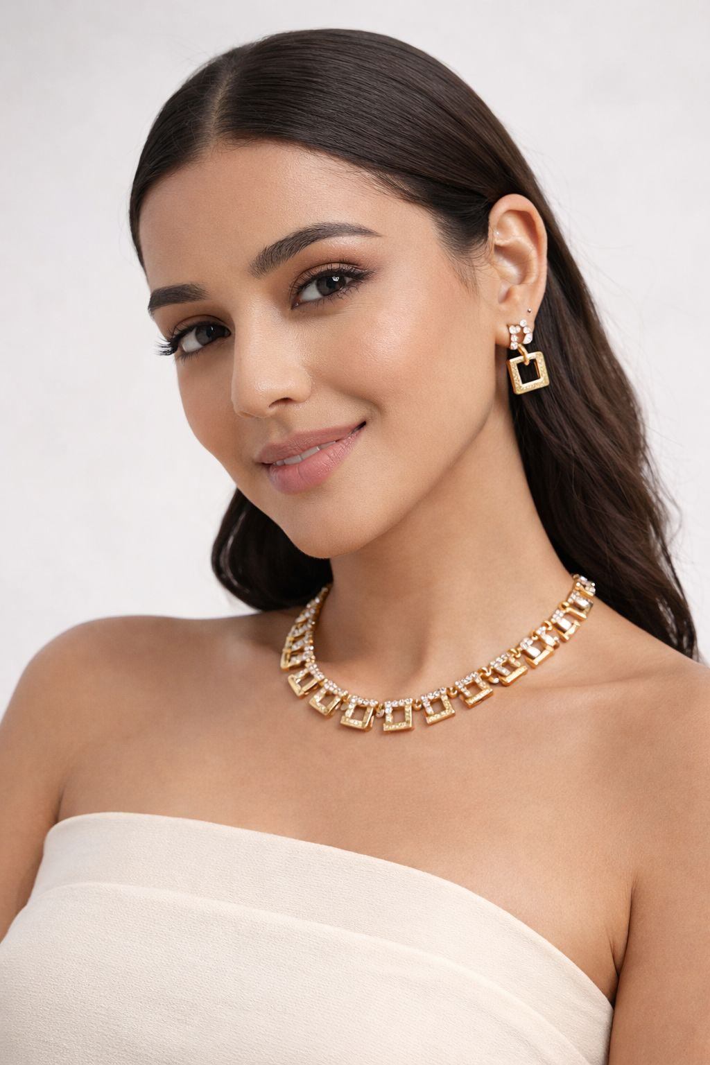 Jewels Nest Stylish Gold-Plated Geometric Cz Necklace Set With Matching Earrings For Women