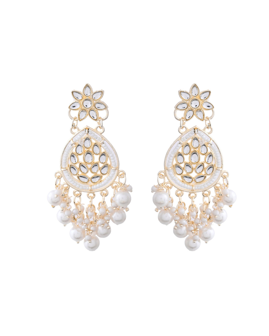 Jewels Nest Pearl-Embellished Kundan Teardrop Earrings with Floral Detailing - Distacart