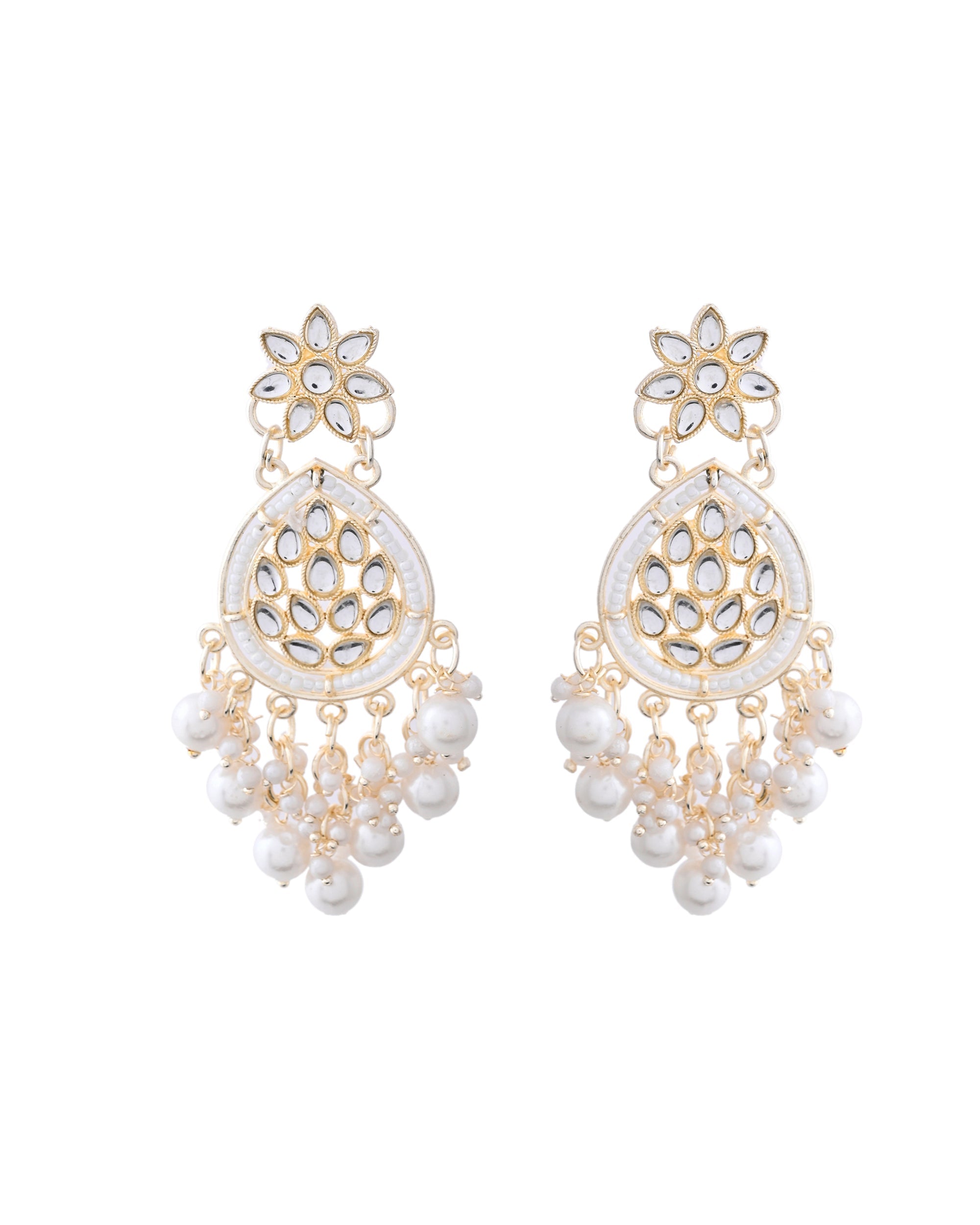 Jewels Nest Pearl-Embellished Kundan Teardrop Earrings with Floral Detailing - Distacart