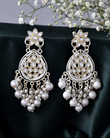 Jewels Nest Pearl-Embellished Kundan Teardrop Earrings with Floral Detailing