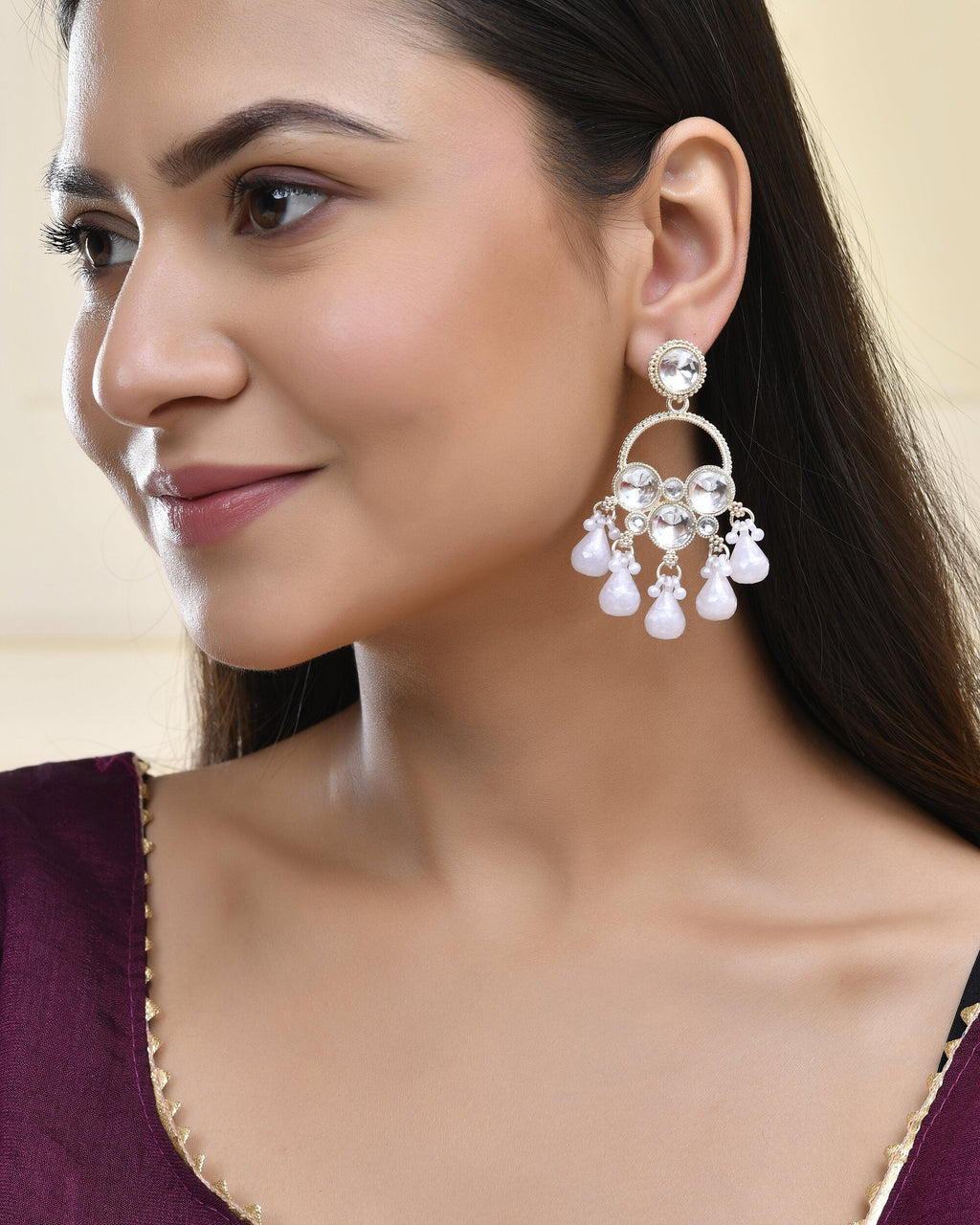 Jewels Nest Gold-Polished Hoop Earrings with Kundan and Pearl Hangings - Distacart