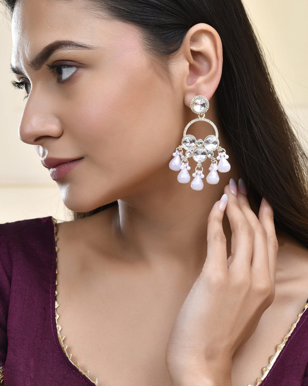Jewels Nest Gold-Polished Hoop Earrings with Kundan and Pearl Hangings - Distacart