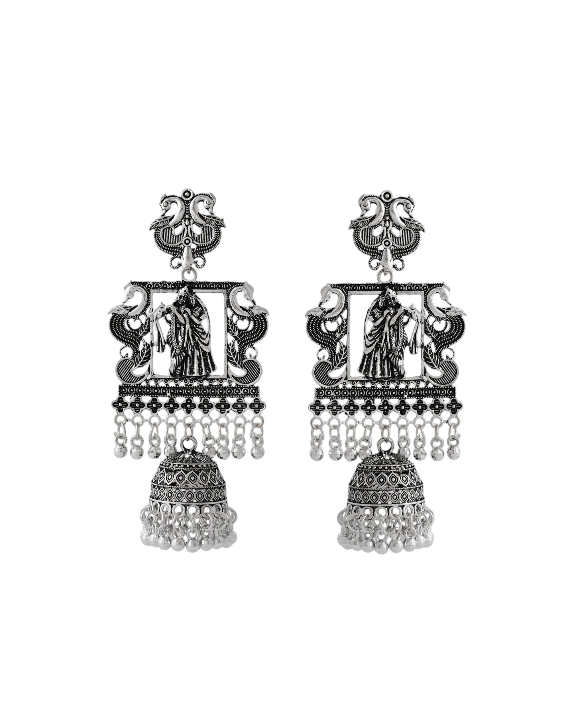 Jewels Nest Antique Silver Temple Jhumka Earrings with Intricate Detailing - Distacart