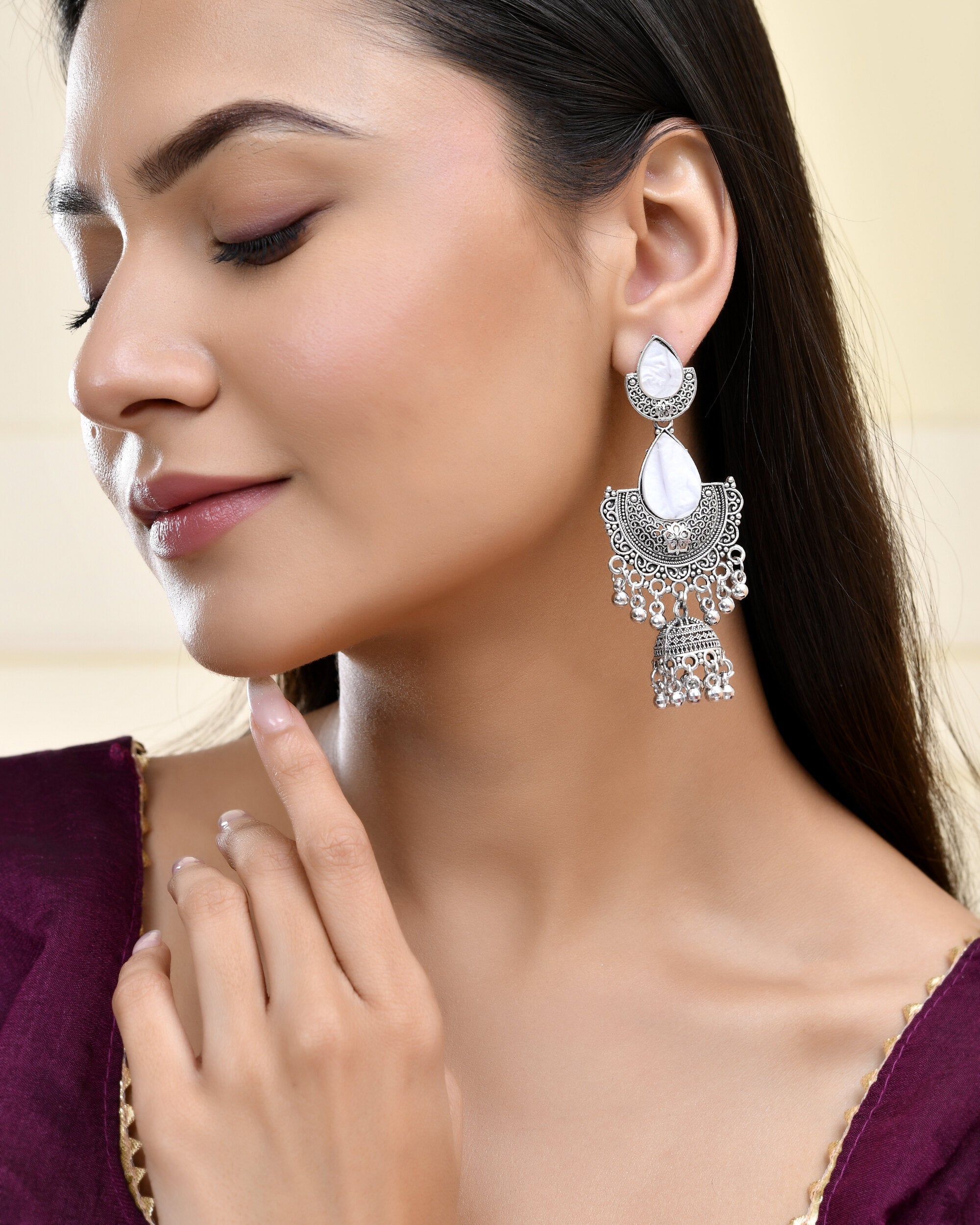 Jewels Nest Oxidized Silver Half Moon Jhumka Earrings with Intricate Design - Distacart