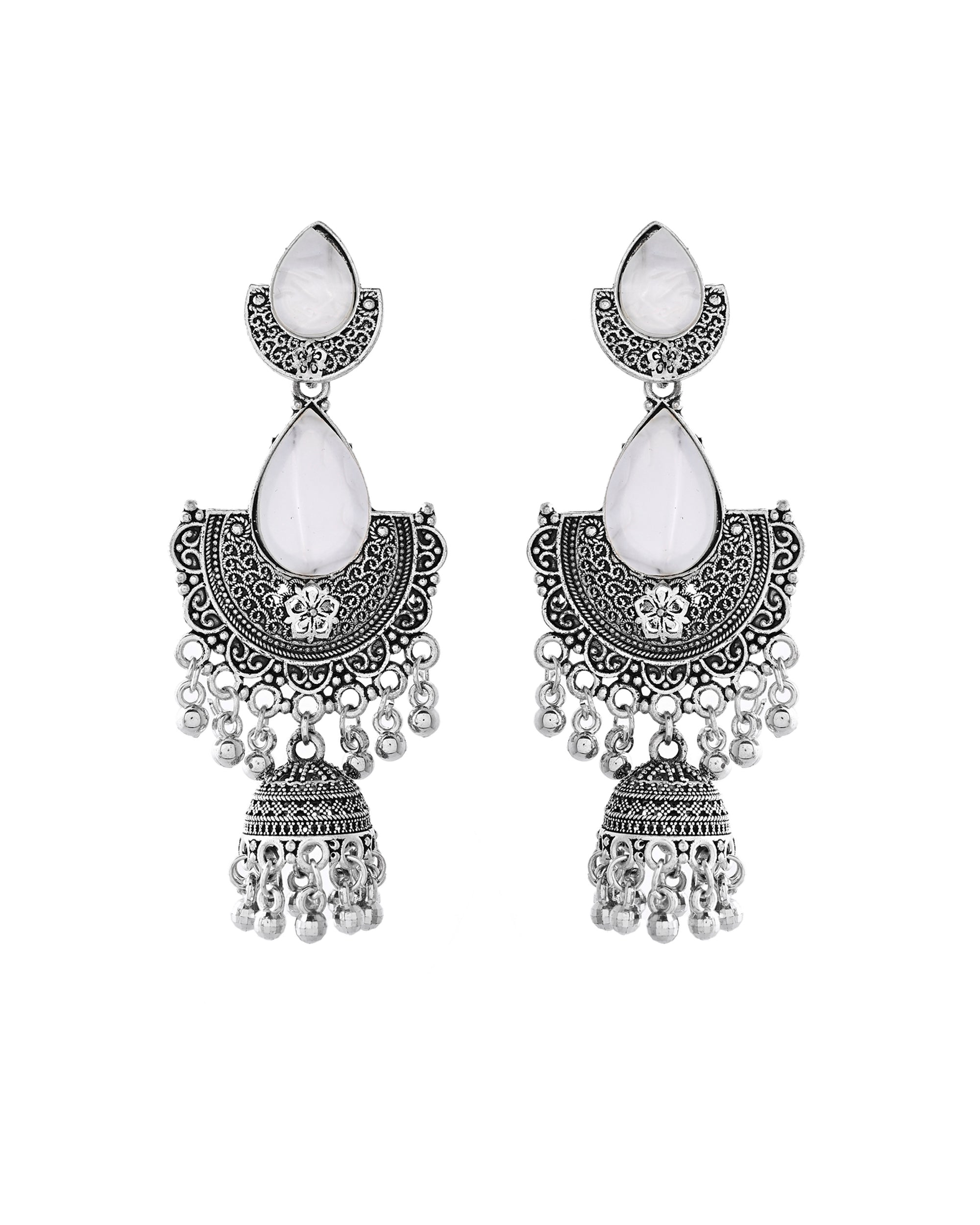 Jewels Nest Oxidized Silver Half Moon Jhumka Earrings with Intricate Design - Distacart