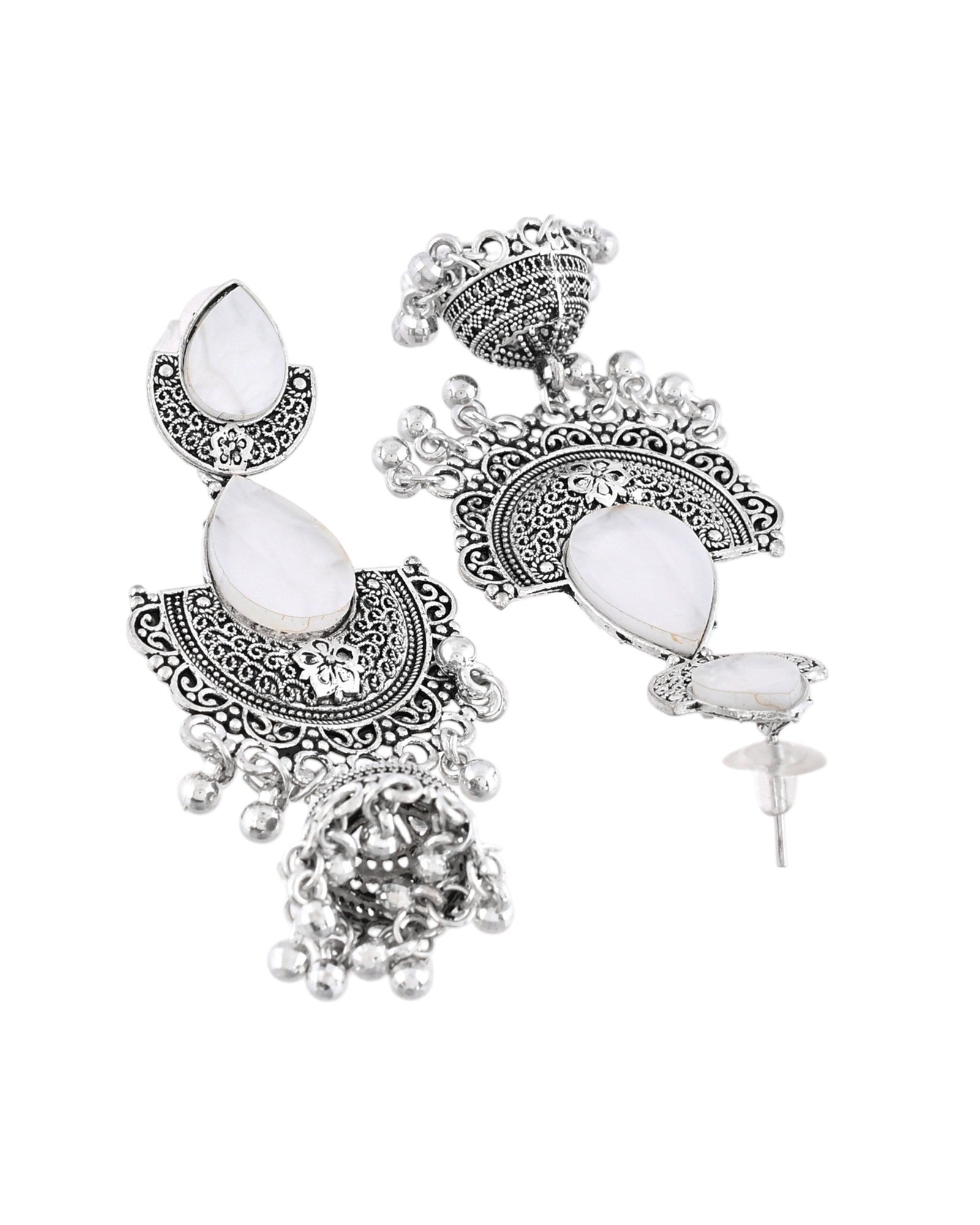 Jewels Nest Oxidized Silver Half Moon Jhumka Earrings with Intricate Design - Distacart