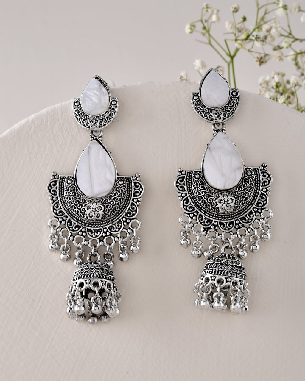 Jewels Nest Oxidized Silver Half Moon Jhumka Earrings with Intricate Design - Distacart