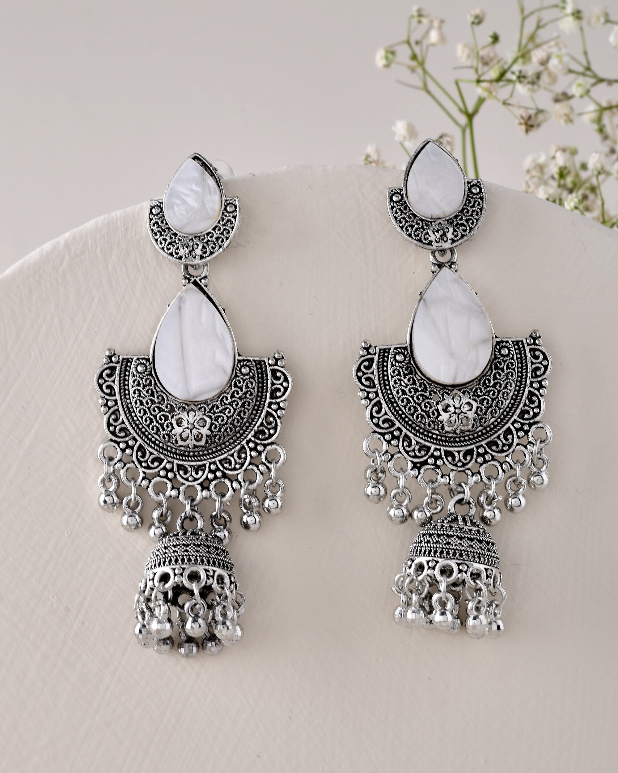 Jewels Nest Oxidized Silver Half Moon Jhumka Earrings with Intricate Design - Distacart
