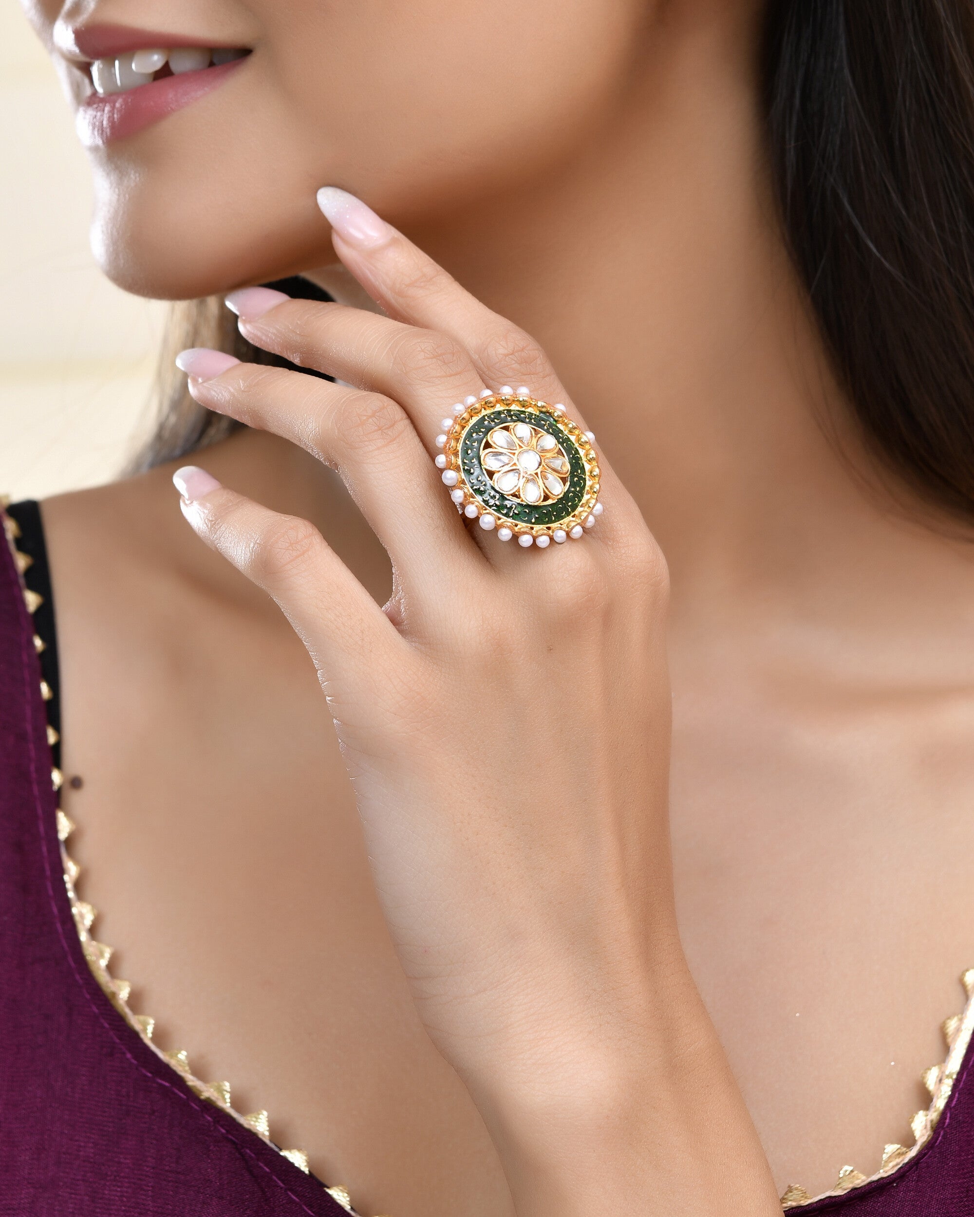 Jewels Nest Exquisite Kundan Meenakari Gold-Polished Rings