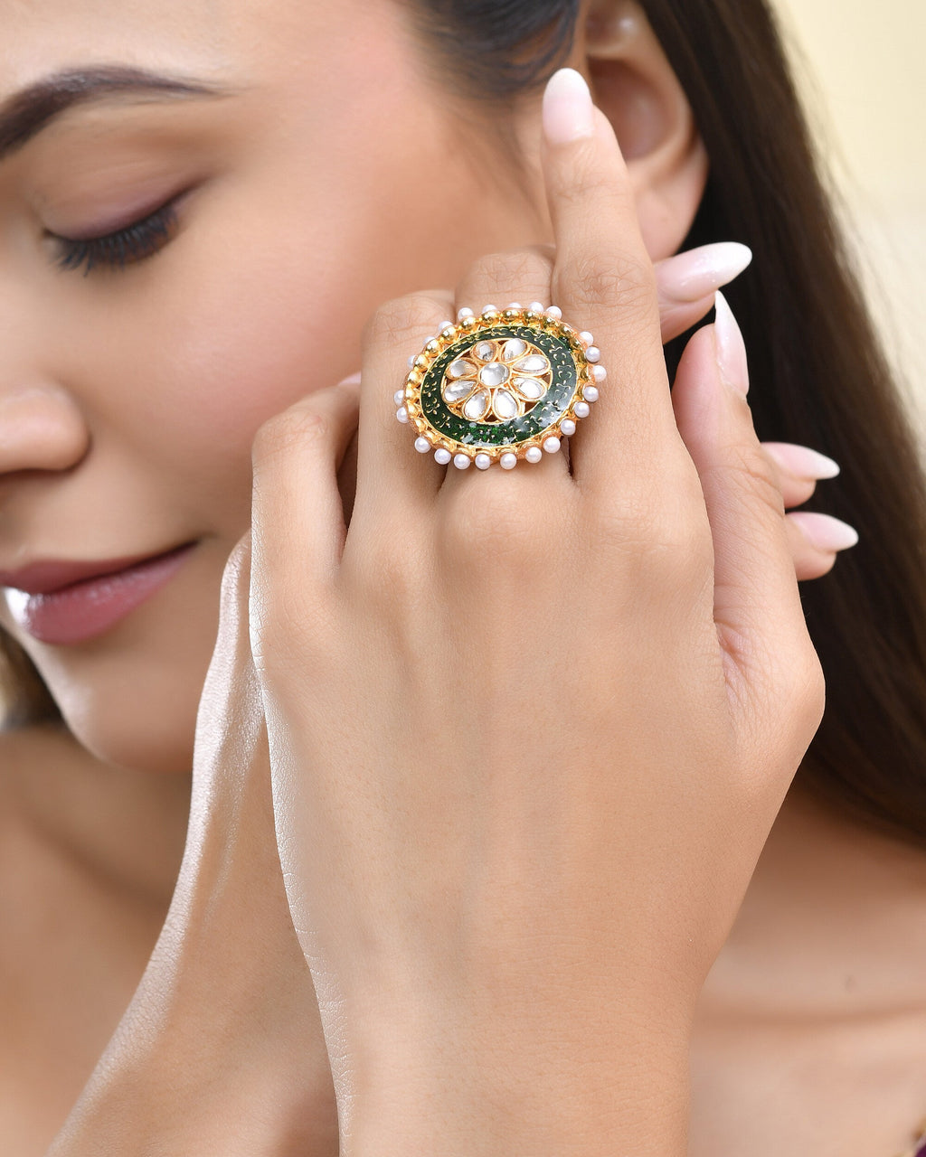 Jewels Nest Exquisite Kundan Meenakari Gold-Polished Rings