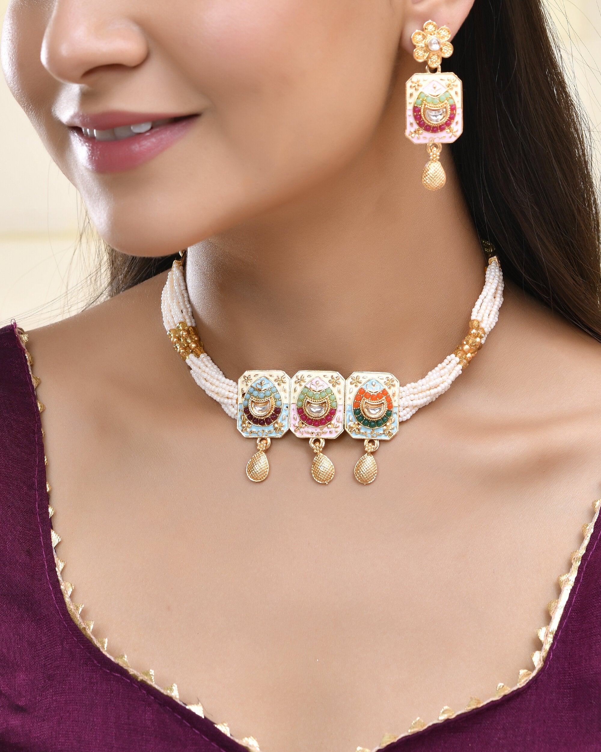 Jewels Nest Traditional Gold-Polished Kundan & Pearl Multi-Color Necklace and Earrings Set for Women