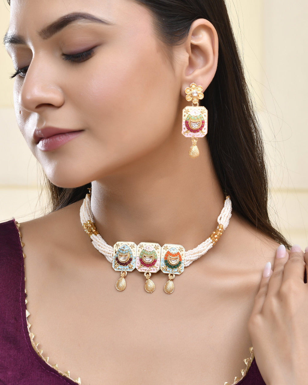 Jewels Nest Traditional Gold-Polished Kundan & Pearl Multi-Color Necklace and Earrings Set for Women