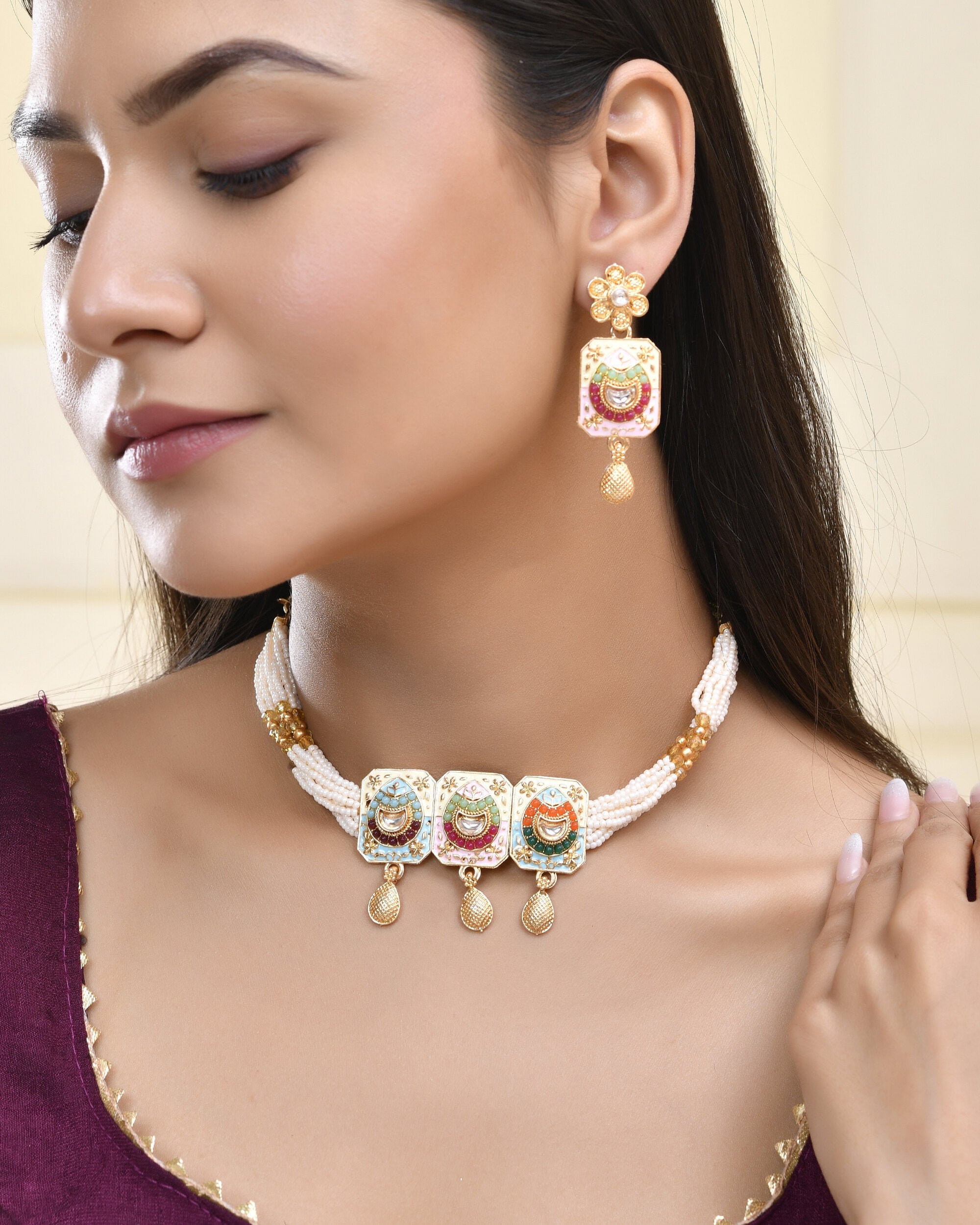 Jewels Nest Traditional Gold-Polished Kundan & Pearl Multi-Color Necklace and Earrings Set for Women