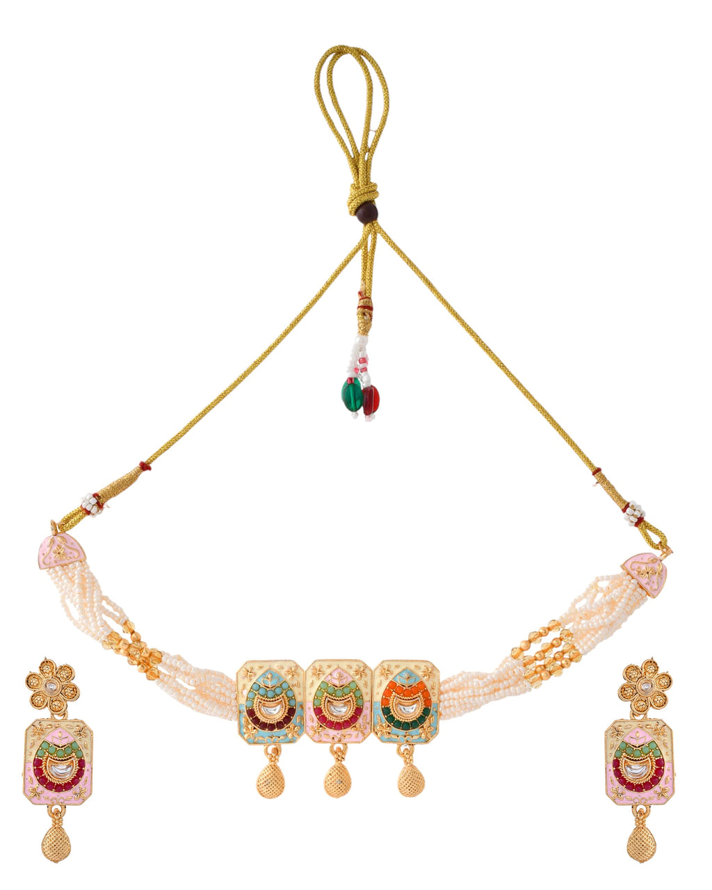 Jewels Nest Traditional Gold-Polished Kundan & Pearl Multi-Color Necklace and Earrings Set for Women