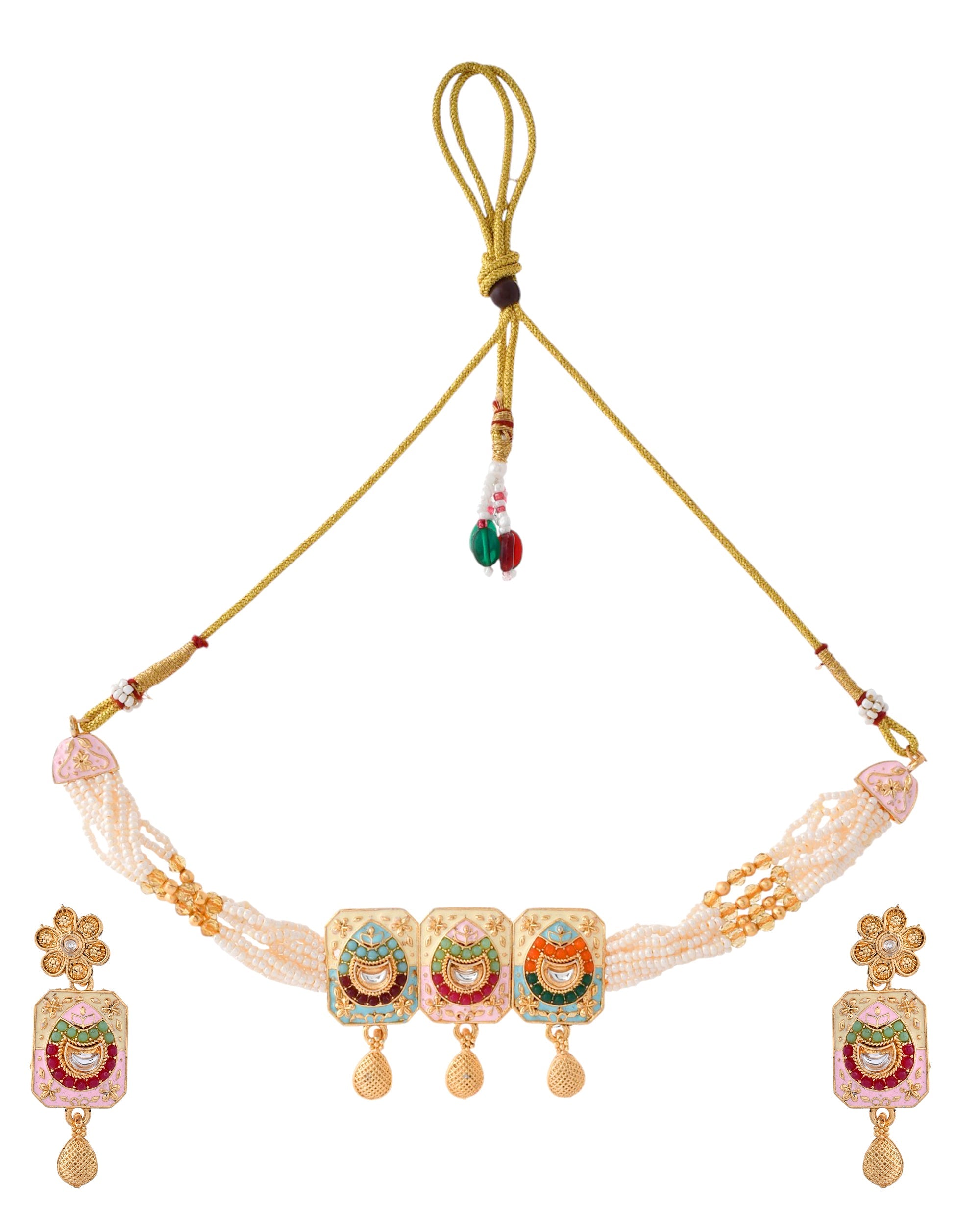 Jewels Nest Traditional Gold-Polished Kundan & Pearl Multi-Color Necklace and Earrings Set for Women