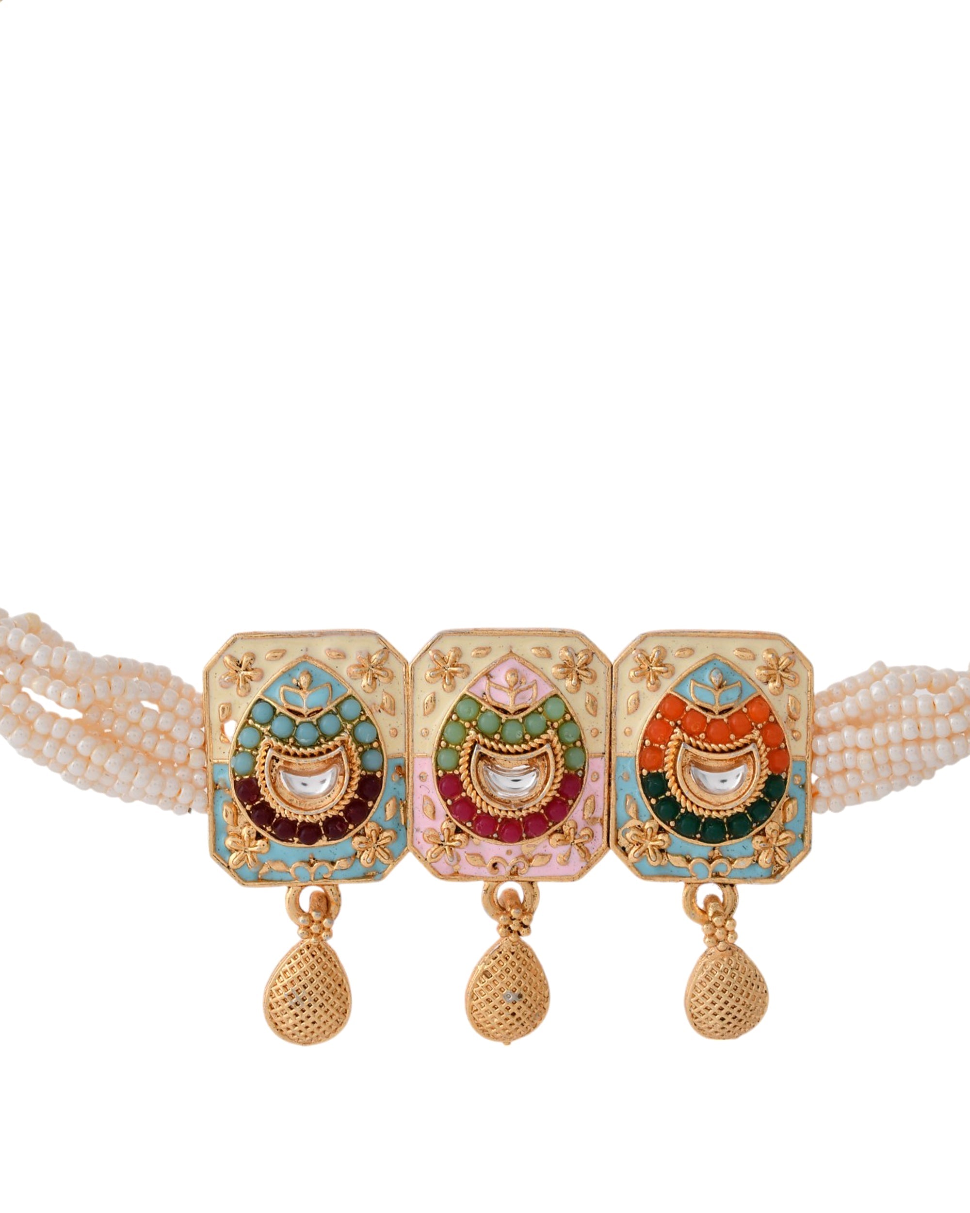 Jewels Nest Traditional Gold-Polished Kundan & Pearl Multi-Color Necklace and Earrings Set for Women