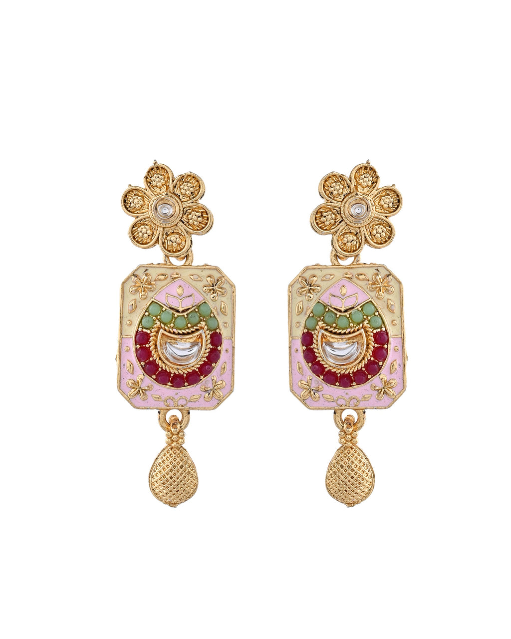 Jewels Nest Traditional Gold-Polished Kundan & Pearl Multi-Color Necklace and Earrings Set for Women