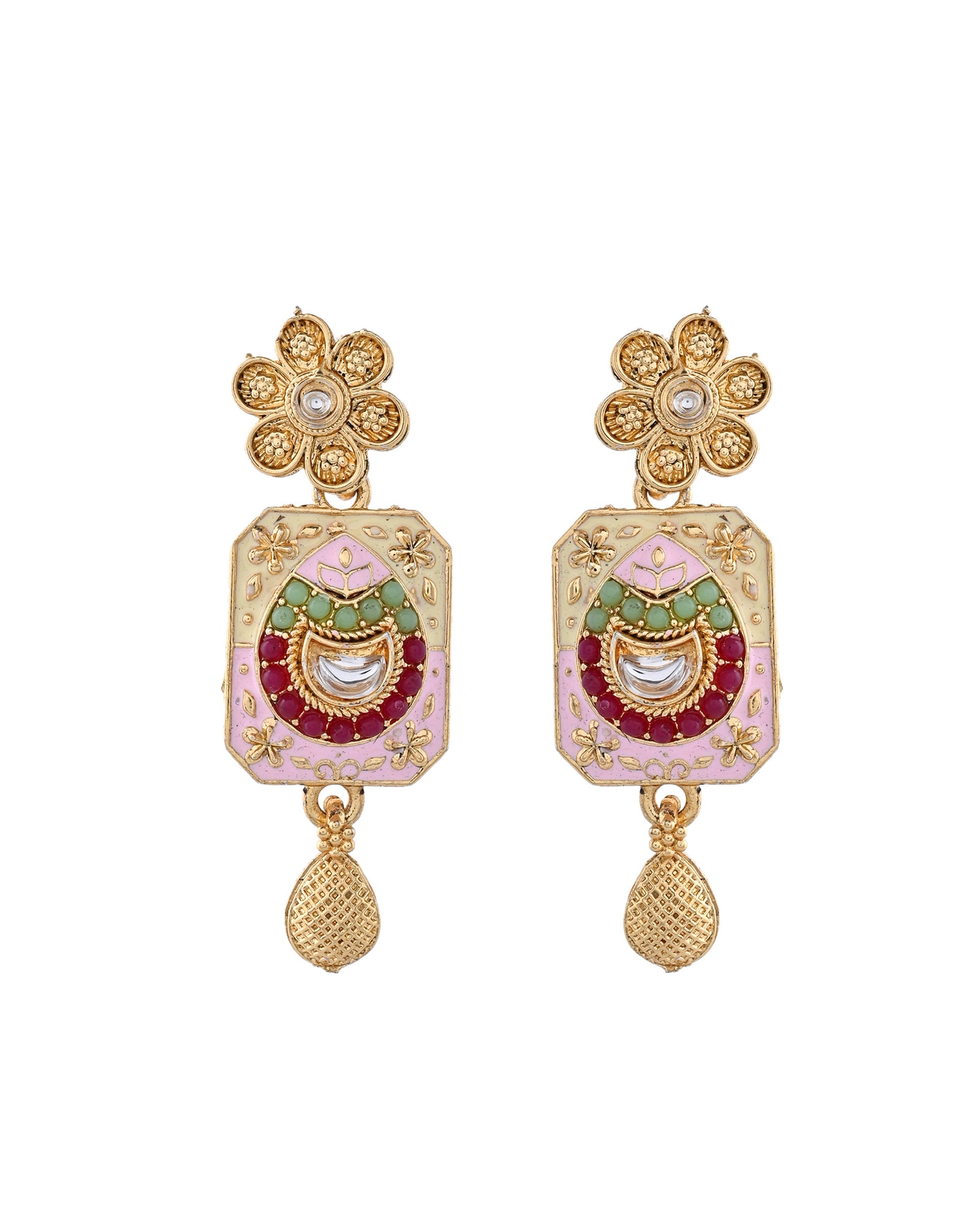 Jewels Nest Traditional Gold-Polished Kundan & Pearl Multi-Color Necklace and Earrings Set for Women
