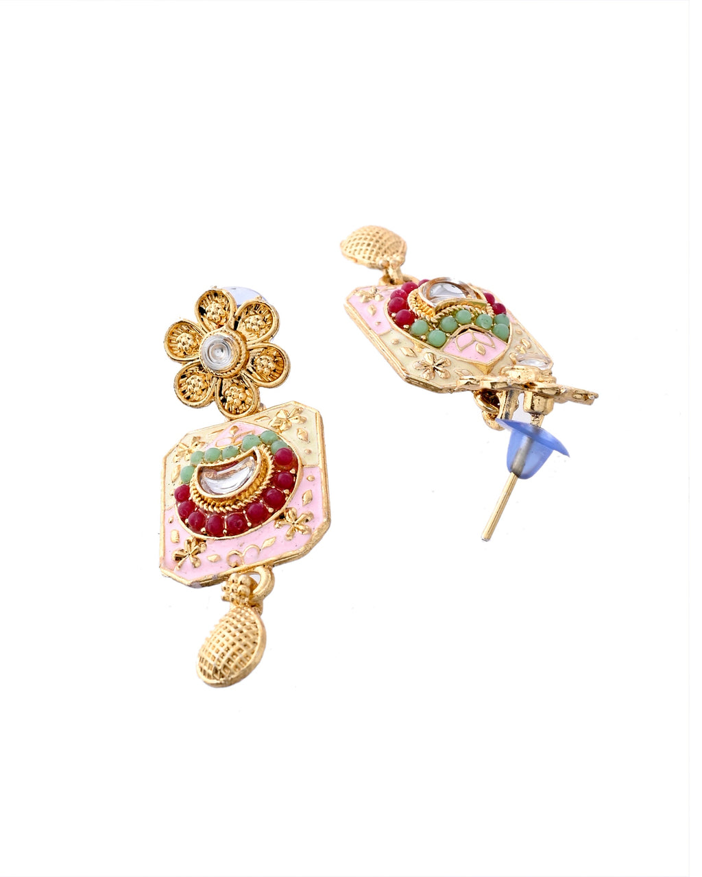 Jewels Nest Traditional Gold-Polished Kundan & Pearl Multi-Color Necklace and Earrings Set for Women