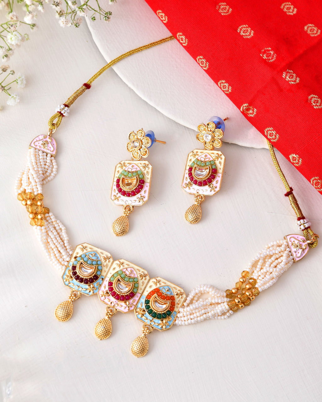 Jewels Nest Traditional Gold-Polished Kundan & Pearl Multi-Color Necklace and Earrings Set for Women