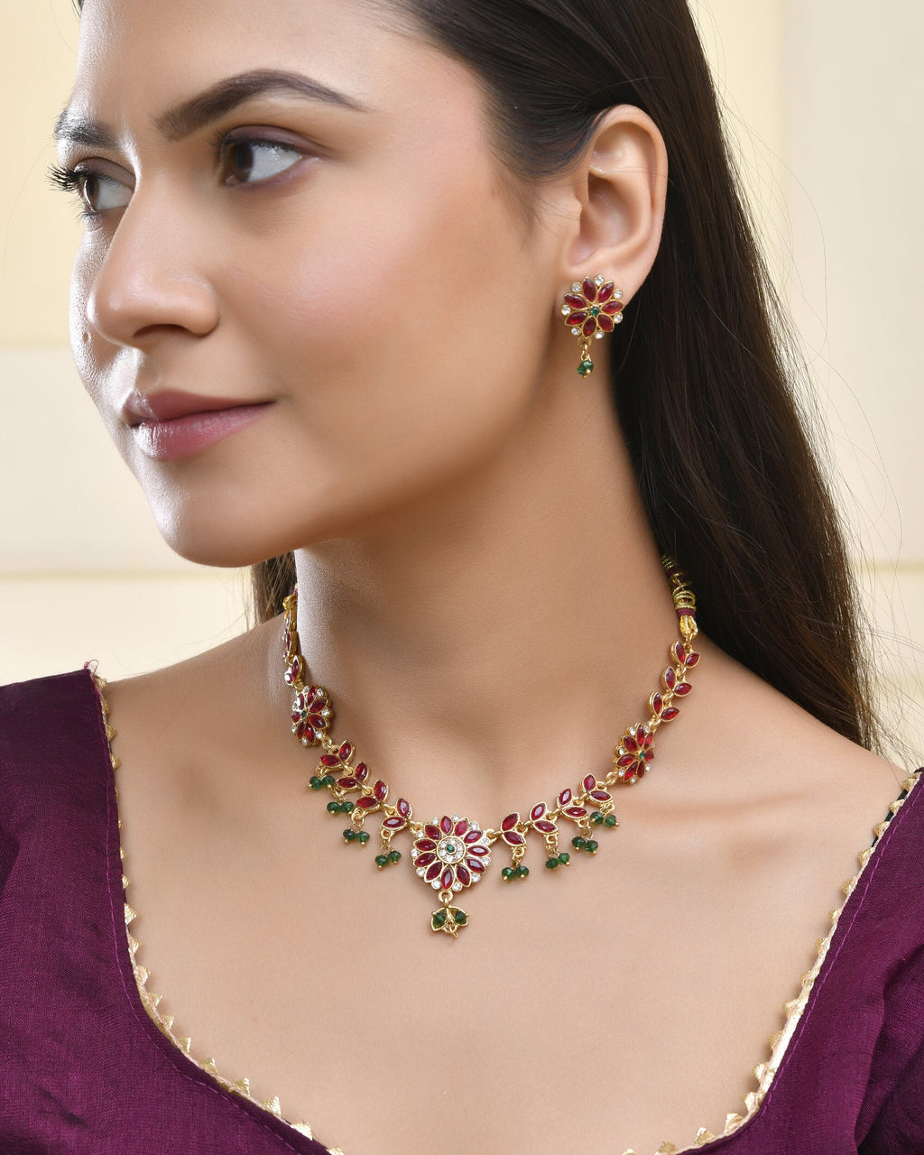 Jewels Nest Traditional Ruby and Emerald Floral Necklace & Earrings Set