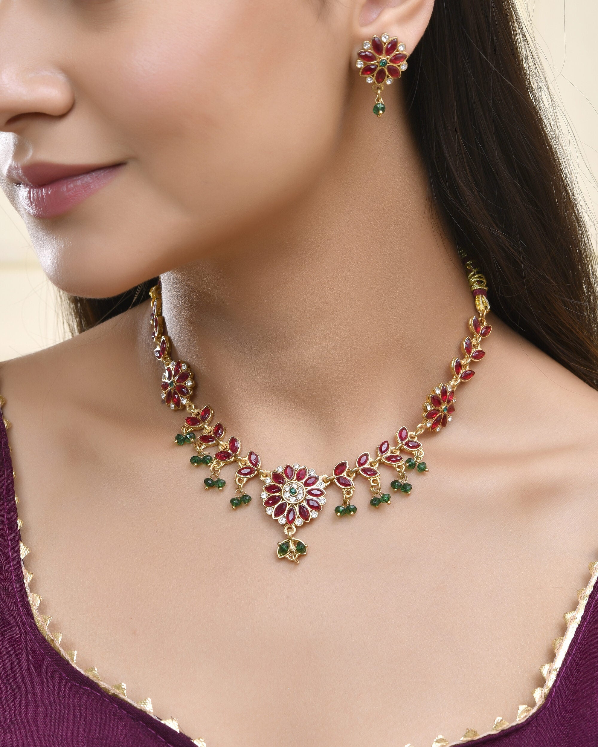 Jewels Nest Traditional Ruby and Emerald Floral Necklace & Earrings Set