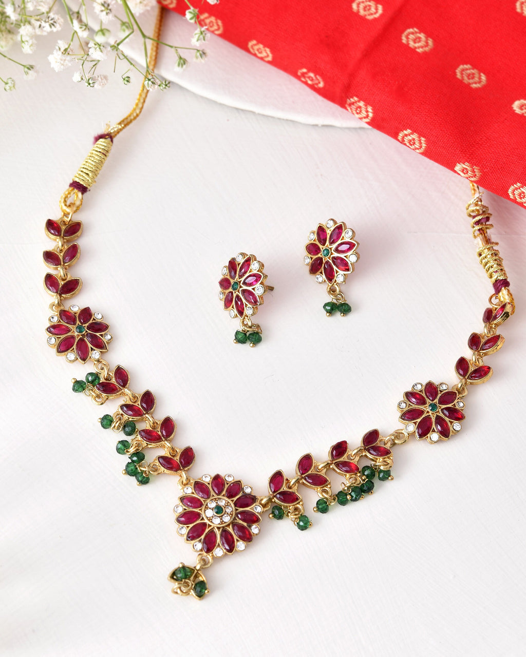 Jewels Nest Traditional Ruby and Emerald Floral Necklace & Earrings Set
