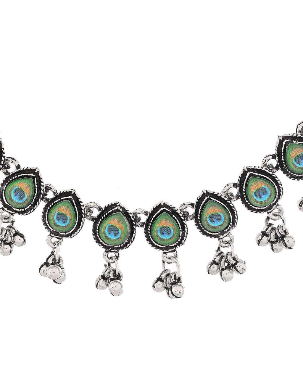 Jewels Nest Oxidised Silver Peacock Feather Necklace with Matching Earrings Set