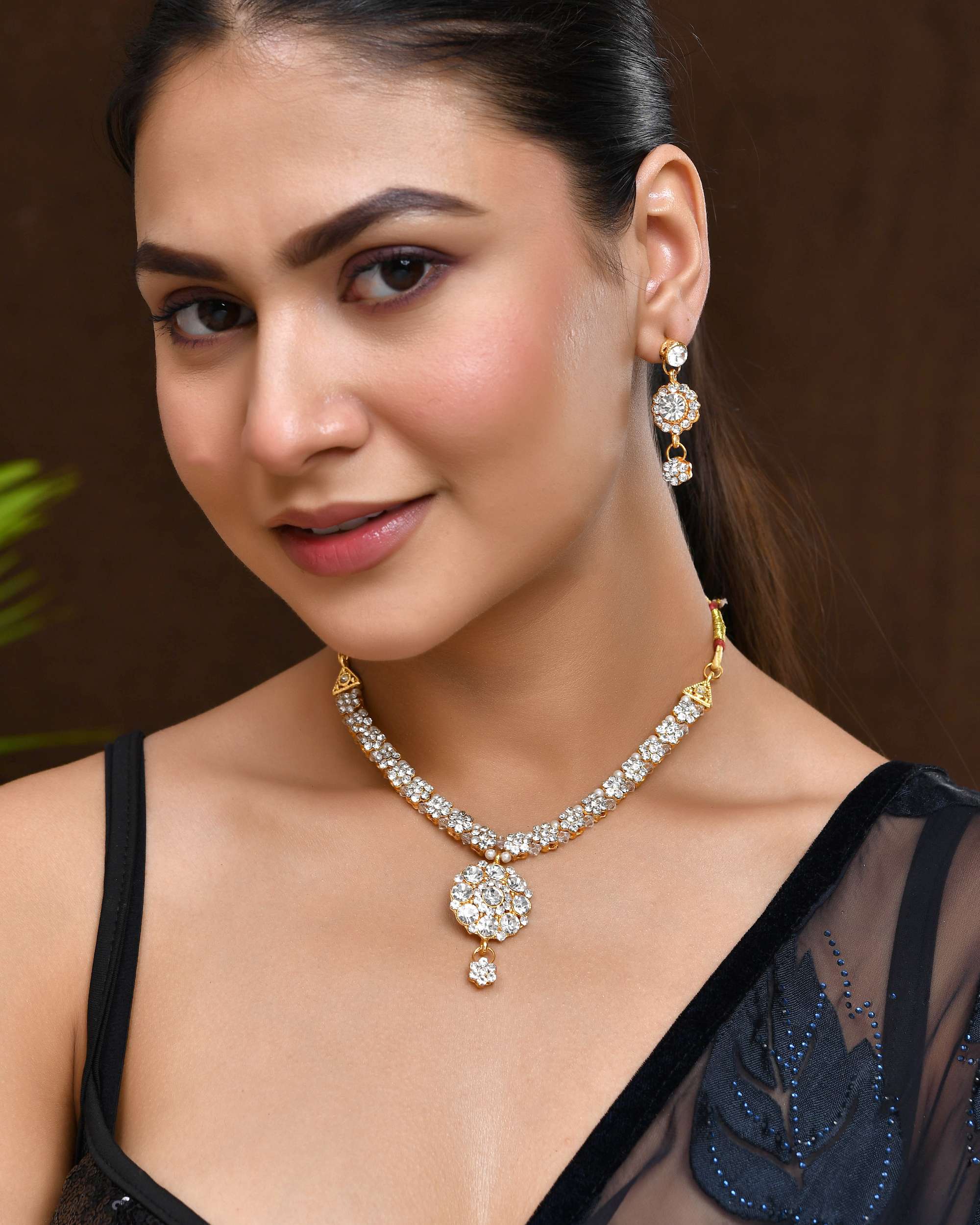 Jewels Nest Glamorous Gold-Plated Crystal Bridal Necklace Set with Earrings & Maang Tikka