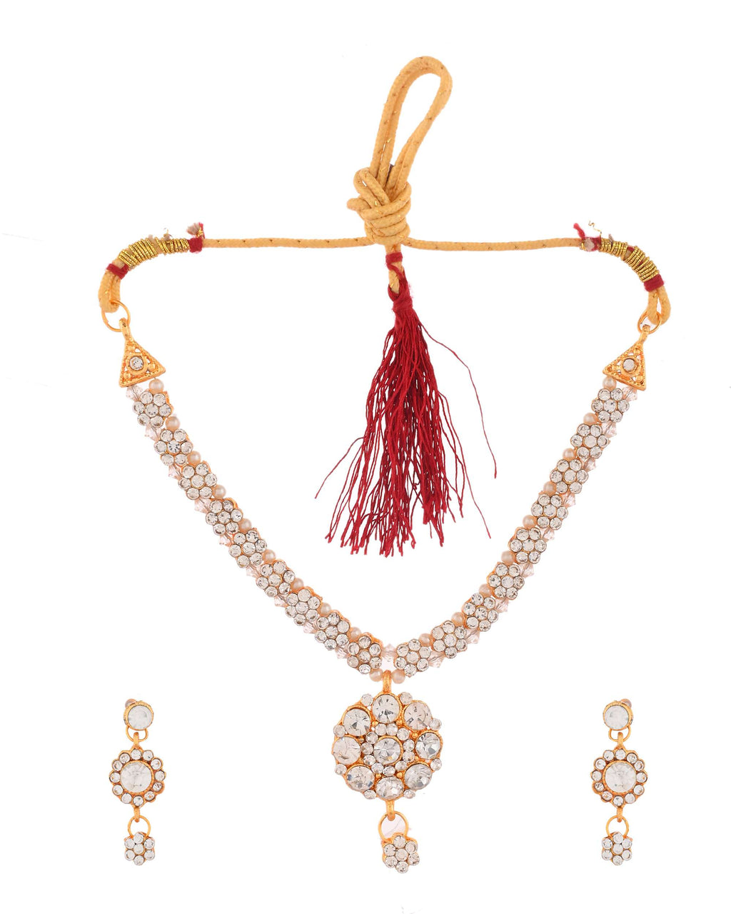 Jewels Nest Glamorous Gold-Plated Crystal Bridal Necklace Set with Earrings & Maang Tikka