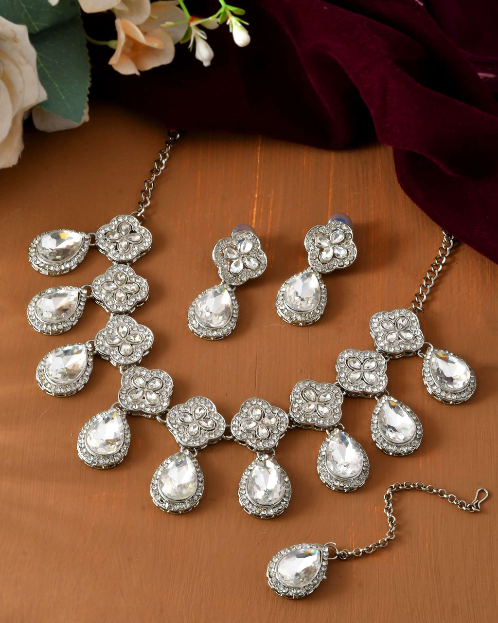 Jewels Nest Elegant Silver-Tone Crystal Drop Necklace for Weddings & Party Wear