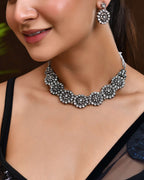 Jewels Nest Oxidised Silver Floral Necklace – Tribal Choker for Ethnic & Fusion Wear