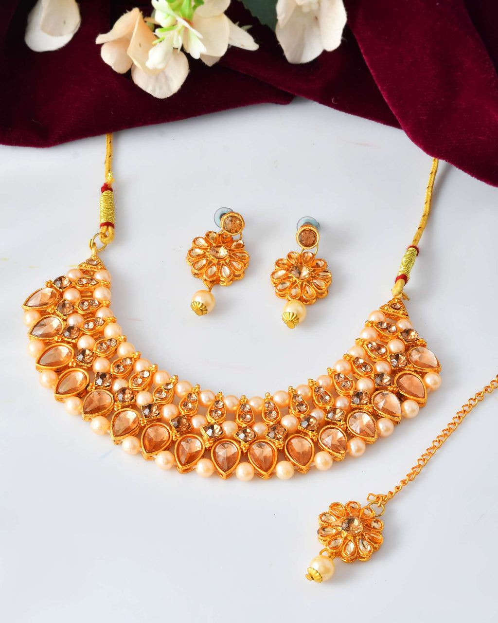 Jewels Nest Gold-Plated Kundan-Style Choker Necklace Set with Pearls & Earrings – Ethnic Wedding Jewellery