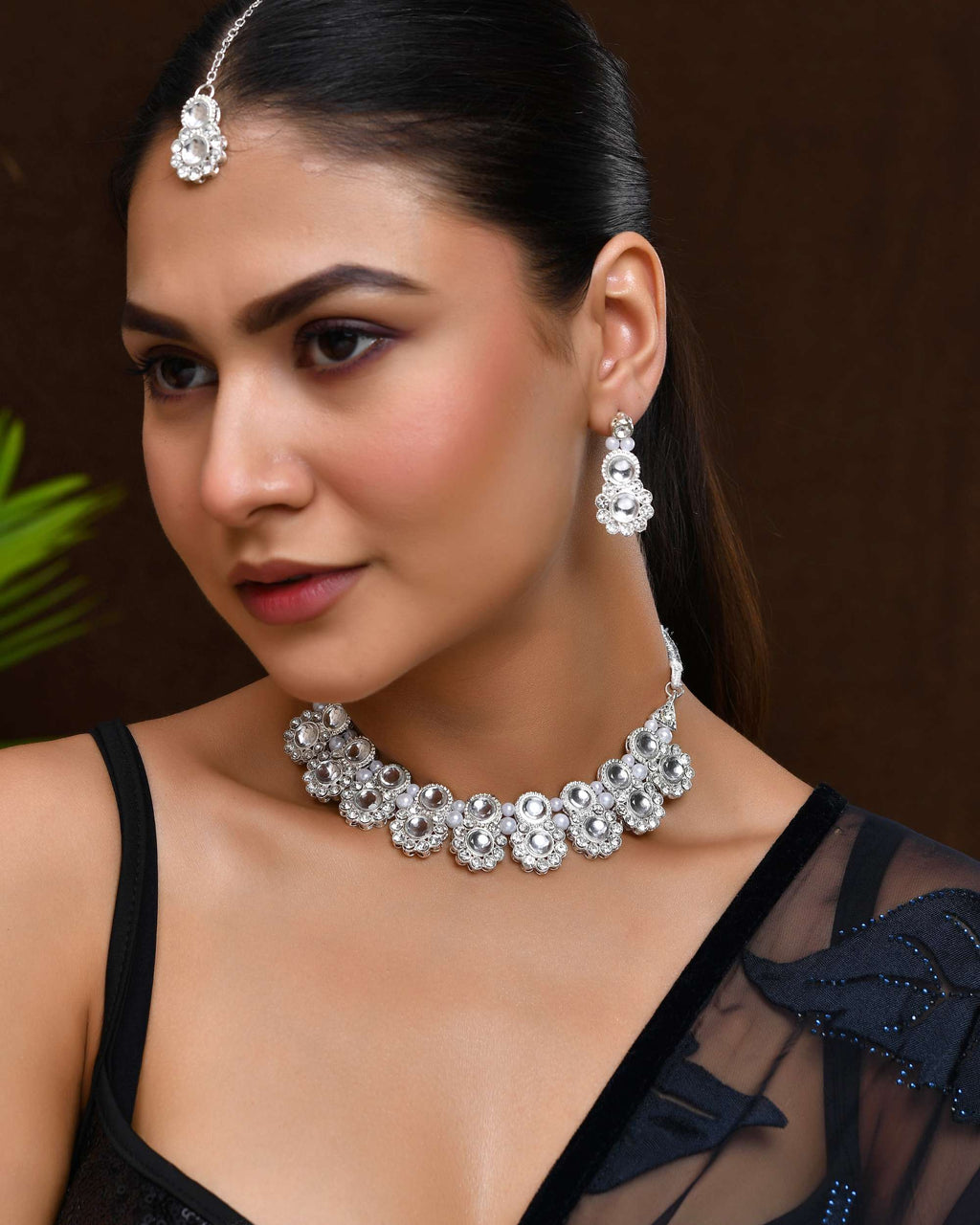 Jewels Nest Oxidized Silver Mirror Choker Necklace Set with Earrings – Boho Tribal Jewellery
