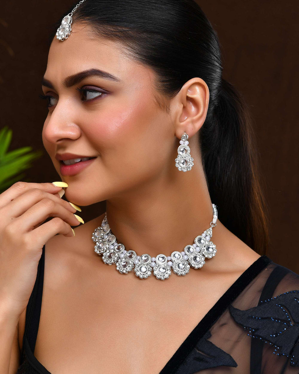 Jewels Nest Oxidized Silver Mirror Choker Necklace Set with Earrings – Boho Tribal Jewellery