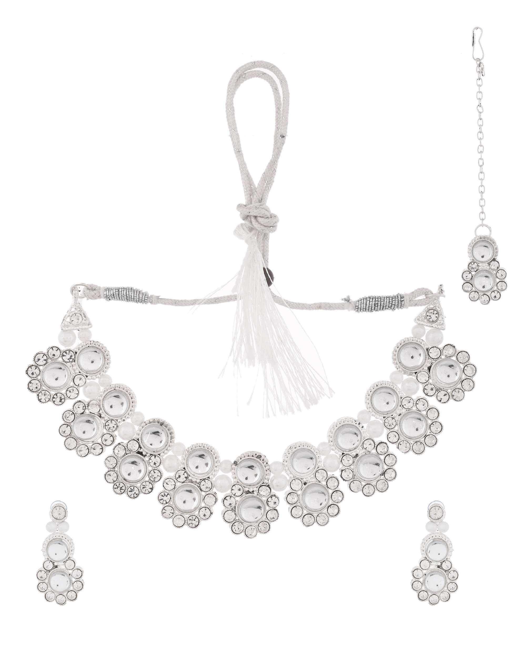 Jewels Nest Oxidized Silver Mirror Choker Necklace Set with Earrings – Boho Tribal Jewellery