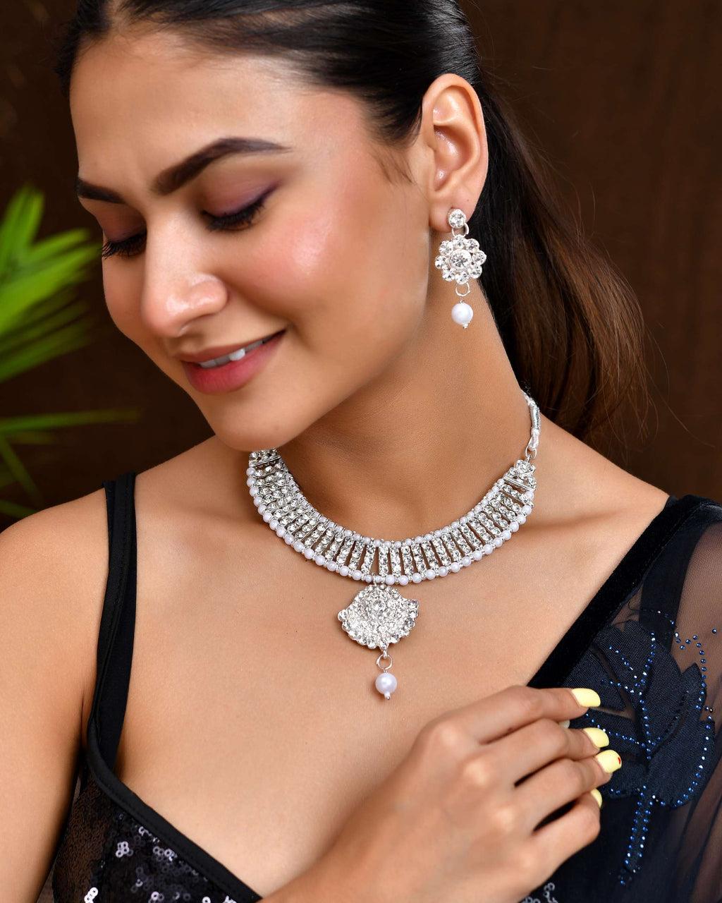 Jewels Nest Dazzling Occasion-Wear Set in Radiant Silver Finish and White Detailing