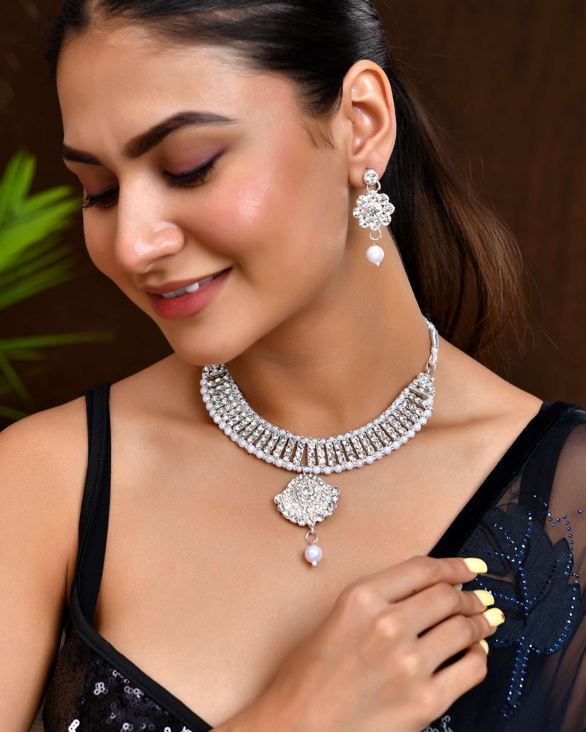 Jewels Nest Dazzling Occasion-Wear Set in Radiant Silver Finish and White Detailing
