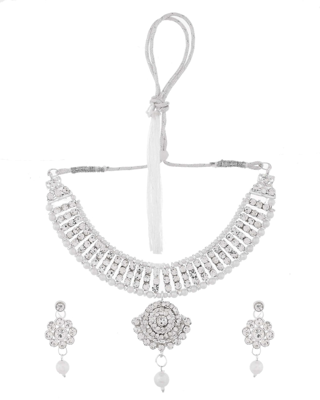 Jewels Nest Dazzling Occasion-Wear Set in Radiant Silver Finish and White Detailing
