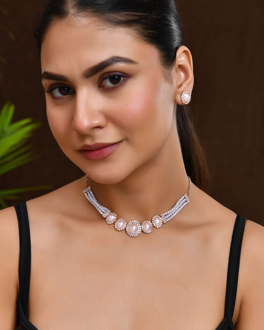 Jewels Nest Rose Gold-Plated Pearl & American Diamond-Studded Jewellery Set