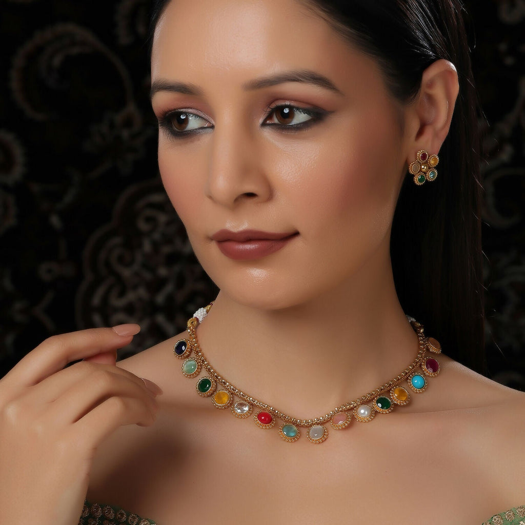 Multi Colored Stone in Gold Choker with Earrings (Multi Color) - Ruby Raang