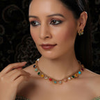 Multi Colored Stone in Gold Choker with Earrings (Multi Color) - Ruby Raang