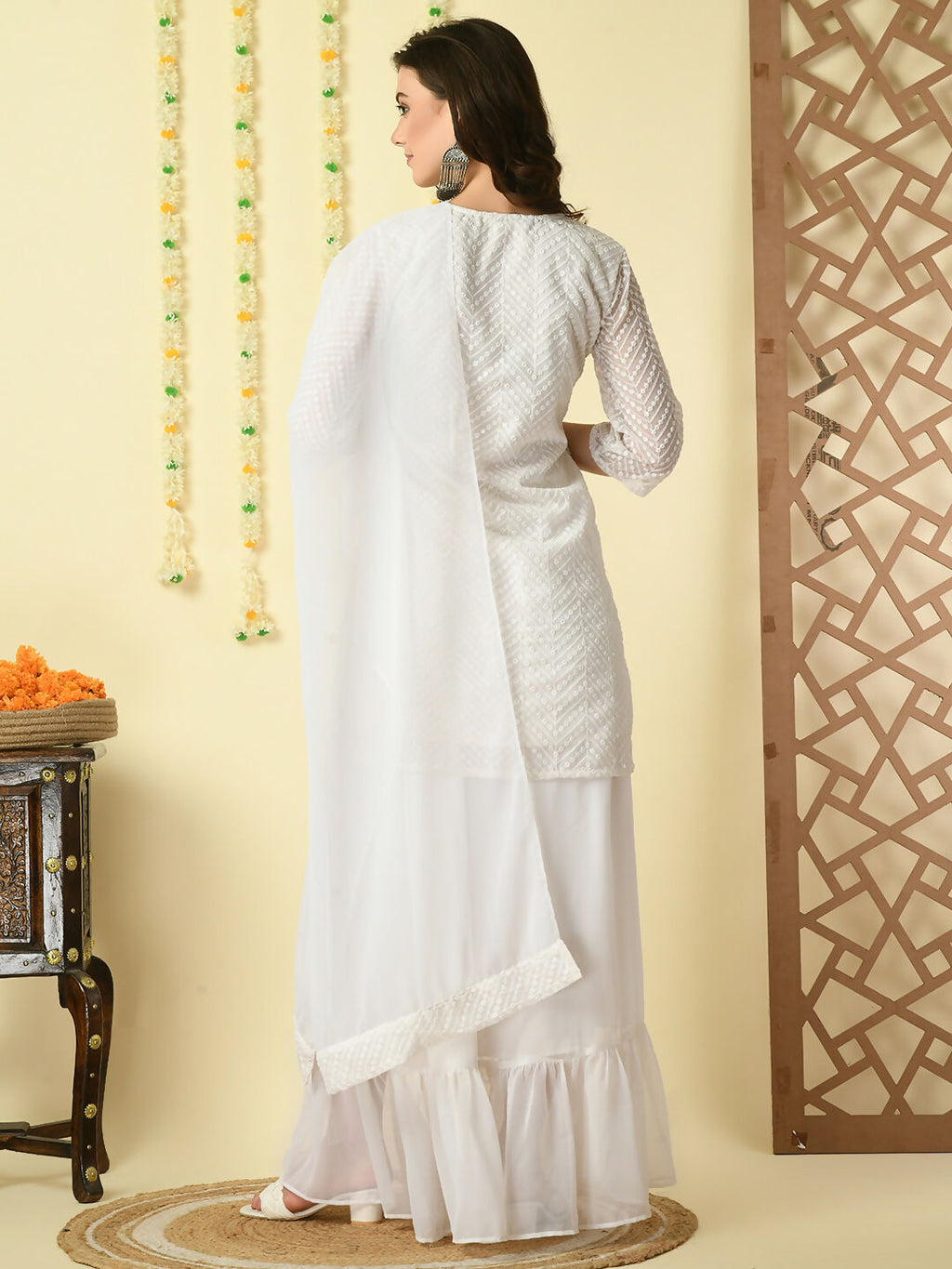 Myshka Women's White Georgette Kurti & Skirt With Dupatta Party Sets
