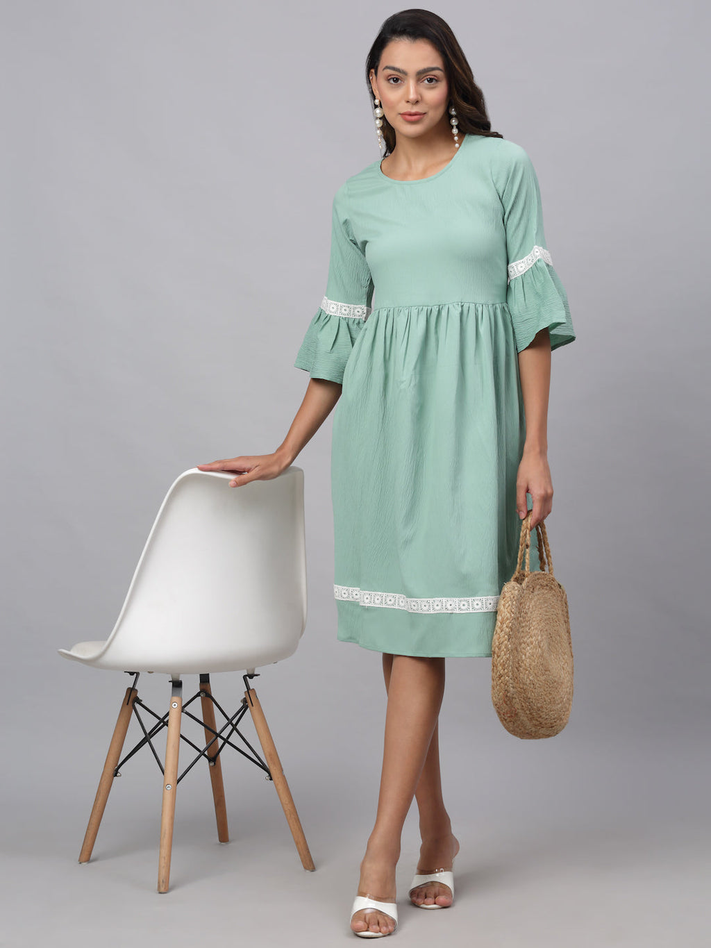 Jainish Women's Green Solid Fit & Flare Dress - Distacart
