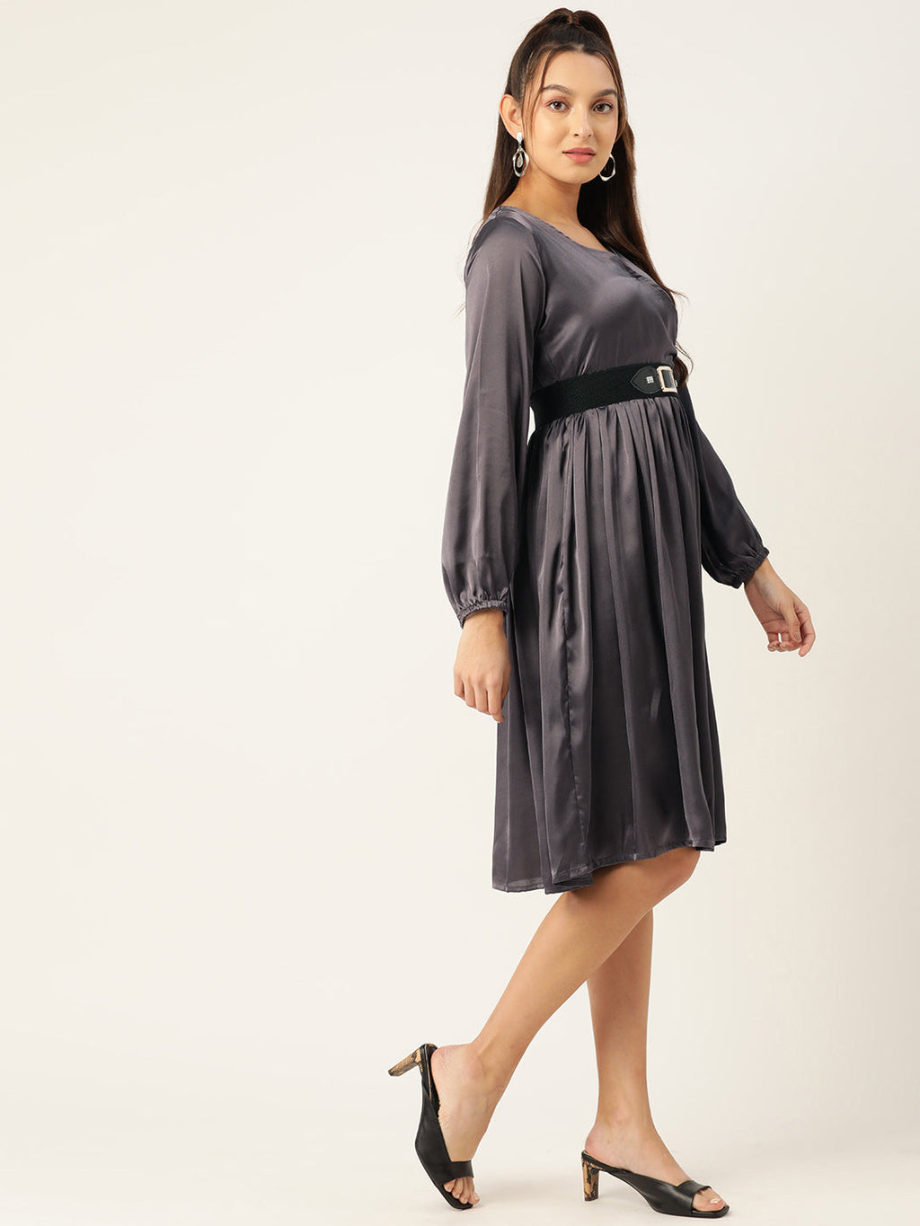 Jompers Women's Puff Sleeves Satin Wrap Dress with Belt - Charcoal - Distacart