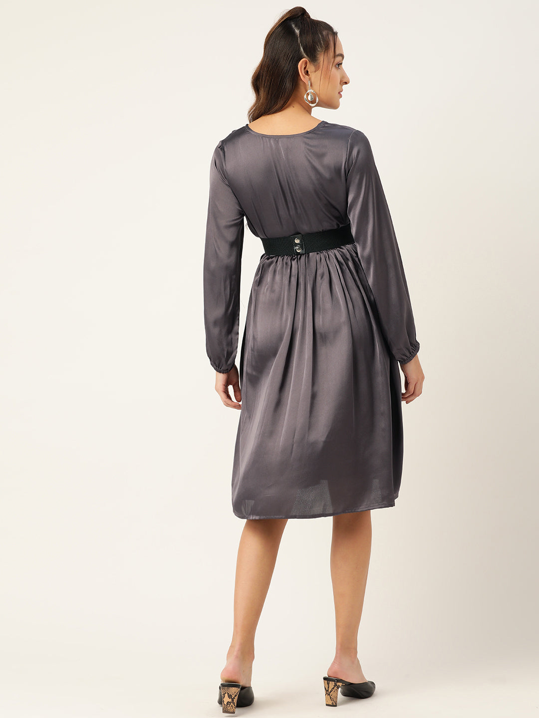 Jompers Women's Puff Sleeves Satin Wrap Dress with Belt - Charcoal - Distacart
