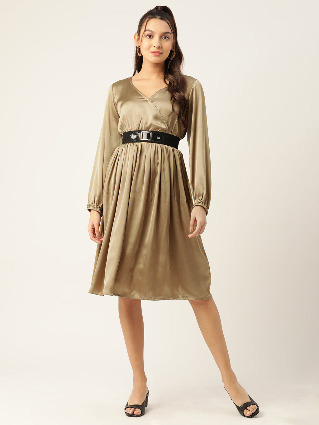 Jompers Women's Puff Sleeves Satin Wrap Dress with Belt - Golden - Distacart