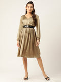 Jompers Women's Puff Sleeves Satin Wrap Dress with Belt - Golden - Distacart