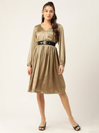 Jompers Women's Puff Sleeves Satin Wrap Dress with Belt - Golden - Distacart